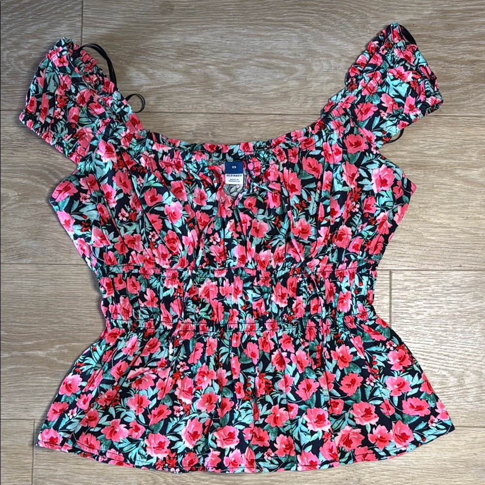 Old Navy Pink and Green Smocked Blouse